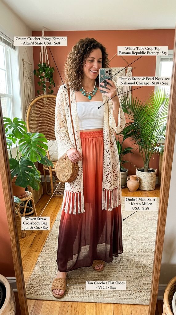 Boho Crochet Fringe Kimono With Ombré Maxi