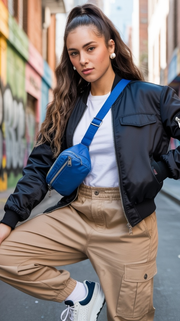 Black bomber jacket with blue crossbody bag and khaki cargos