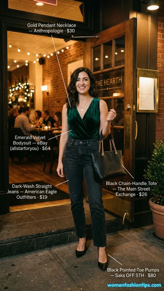 Emerald Velvet Bodysuit with Dark-Wash Jeans