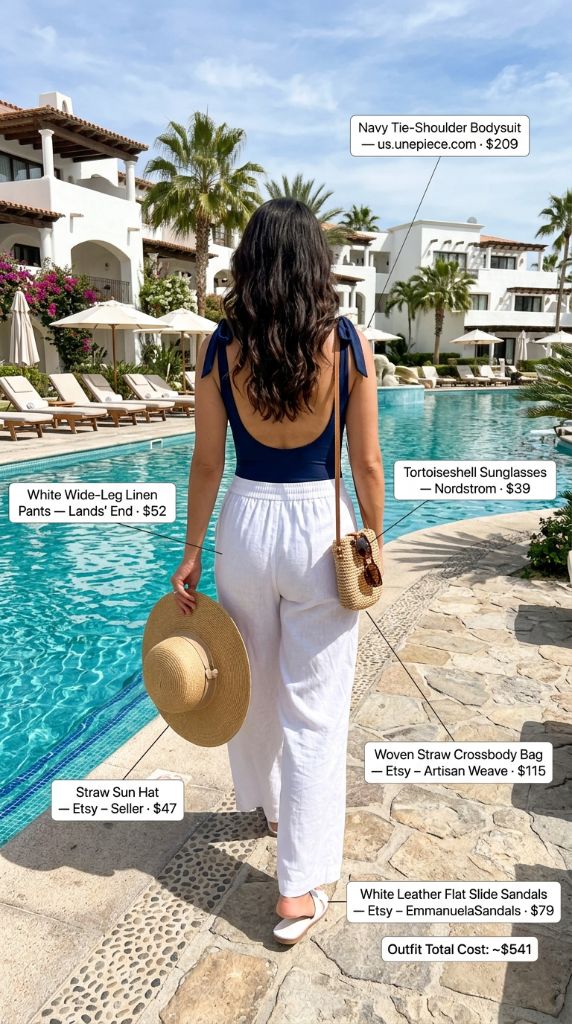 Navy Bodysuit White Linen Pants