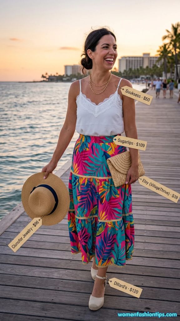 White Lace Camisole with Tropical Maxi Skirt