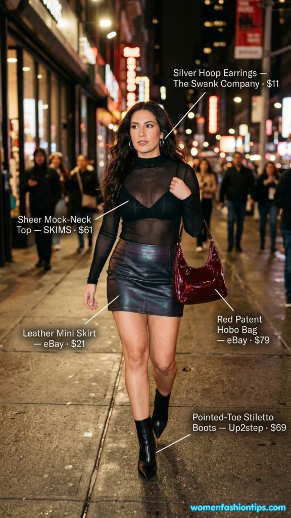 Sheer Mock-Neck Top with Leather Mini Skirt