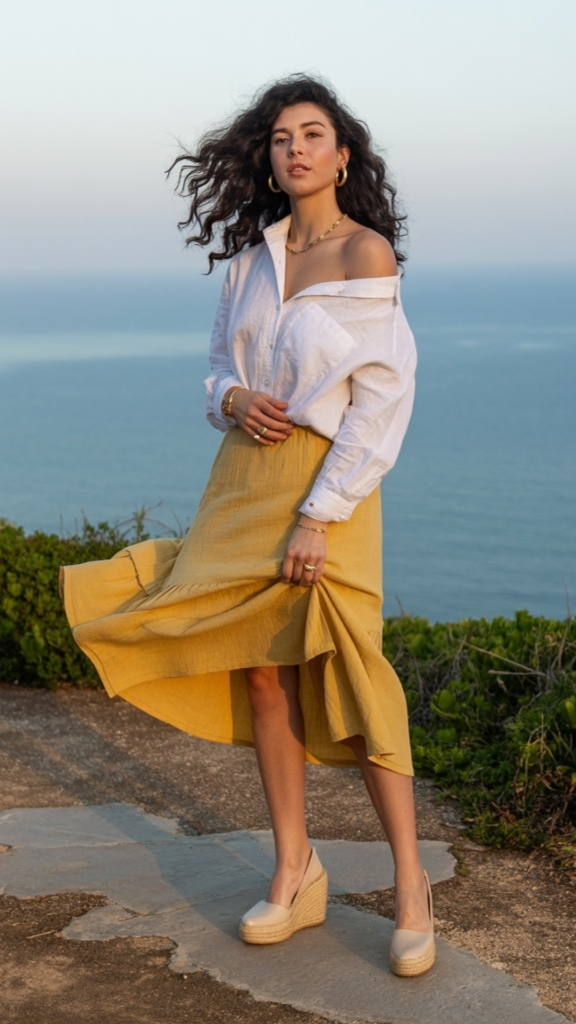 Oversized white linen button-down shirt worn off one shoulder with mustard yellow midi skirt and cream espadrille wedges