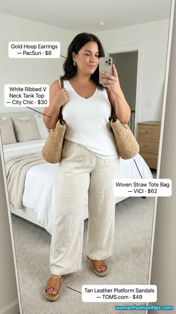 White ribbed V-neck tank top with beige linen wide-leg pants and woven straw tote