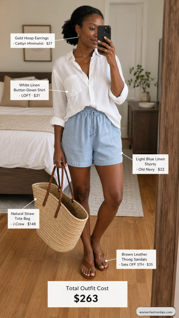White Linen Button-Down Shirt with Light Blue Linen Shorts