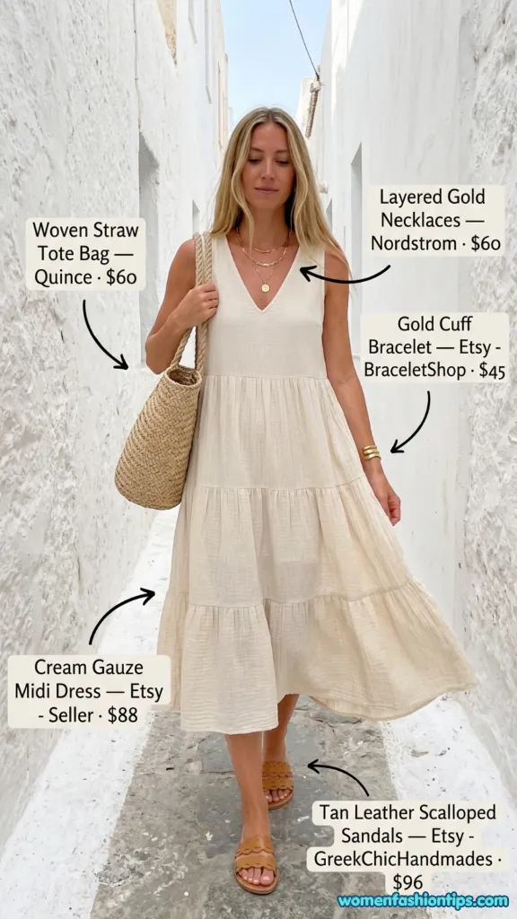Cream Gauze Midi Dress In The Mediterranean