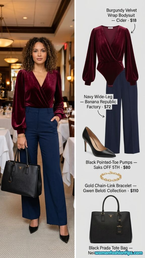 Burgundy Velvet Wrap Bodysuit with Navy Trousers