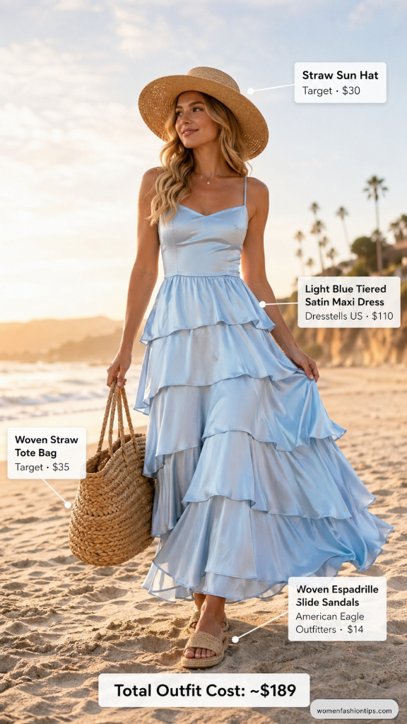 Light Blue Tiered Satin Maxi Dress with Straw Sun Hat