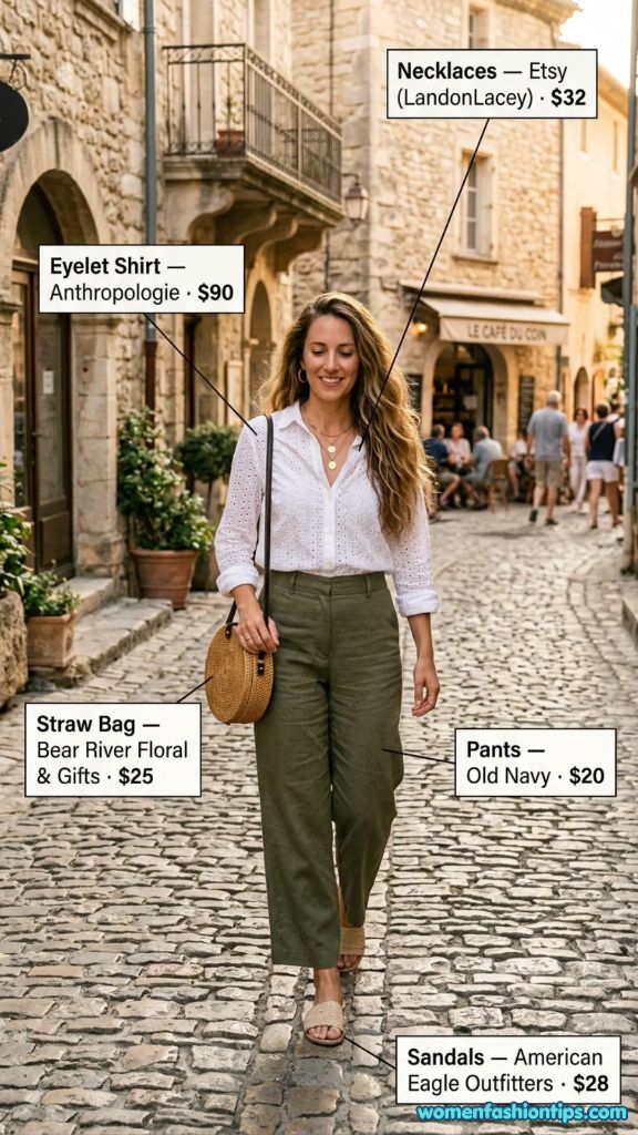White Eyelet Shirt with Olive Pants