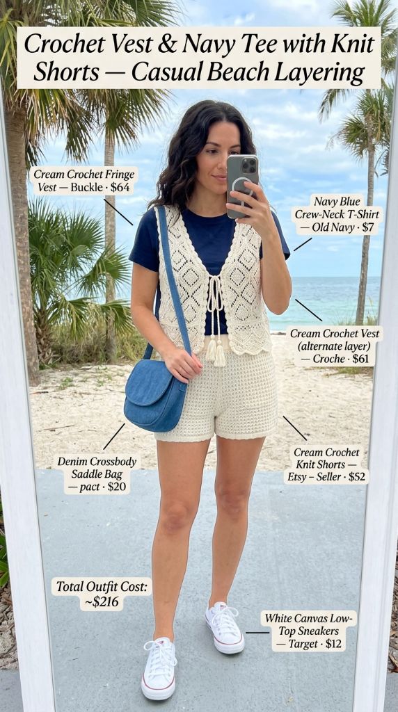 Crochet Vest and Navy Tee Casual Layers