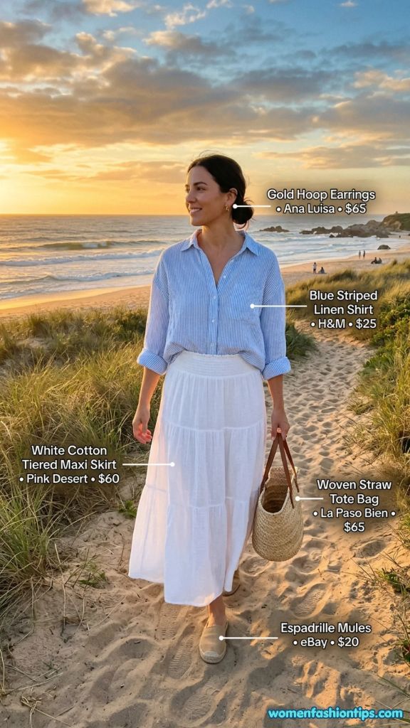 White Cotton Tiered Maxi Skirt Outfit