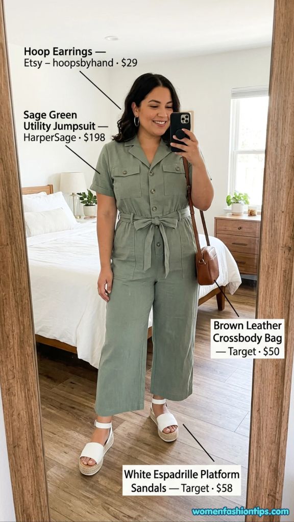 Sage green utility jumpsuit with white espadrille platform sandals