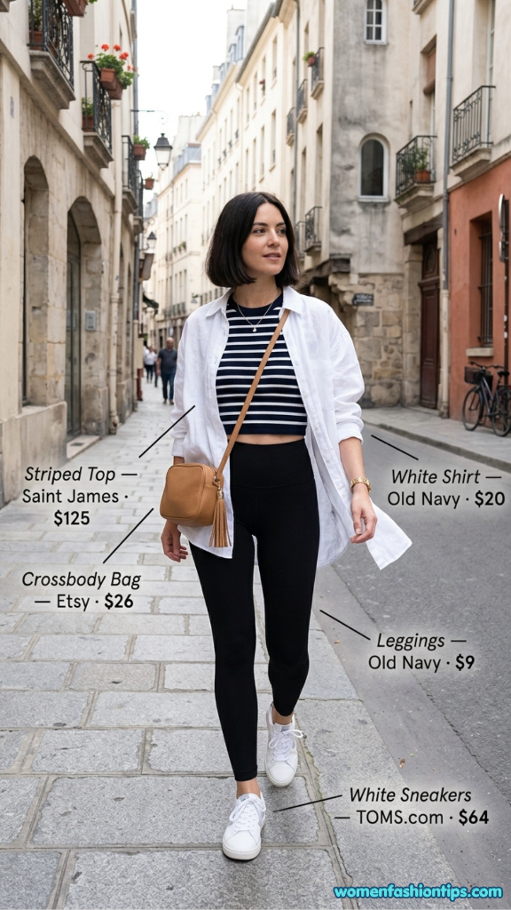 Striped crop top with white oversized shirt, black leggings, and white sneakers