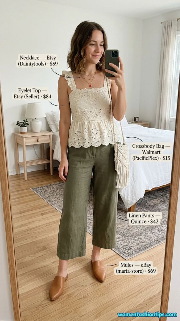 Cream Eyelet Top with Olive Linen Pants