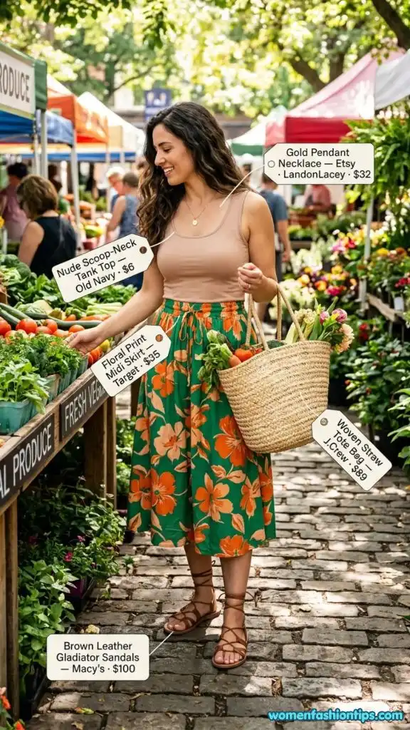 Floral Print Midi Skirt Outfit