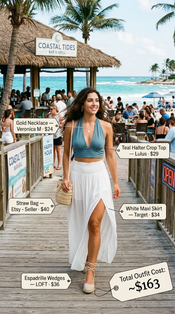 Teal Halter Crop Top with White Maxi Skirt