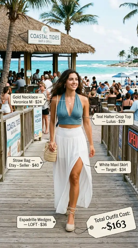 Teal Halter Crop Top with White Maxi Skirt