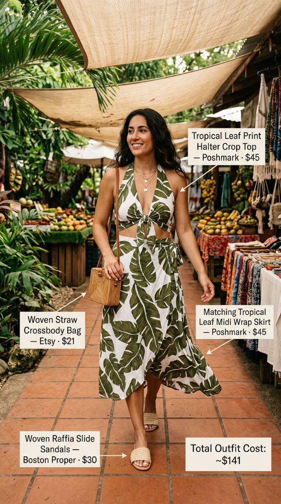 Tropical Leaf Print Halter Crop Top and Midi Wrap Skirt