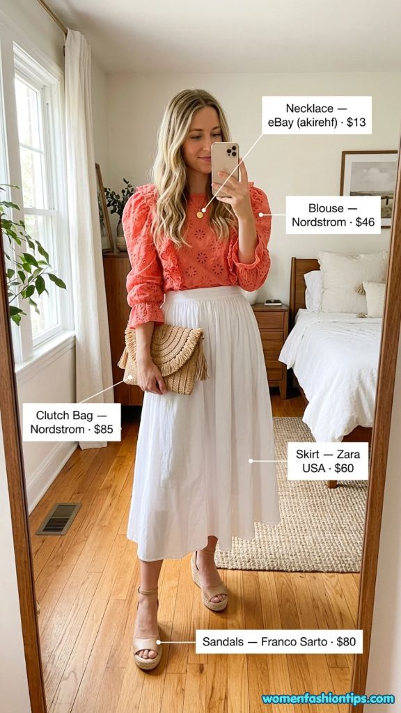 Coral Eyelet Blouse with White Skirt