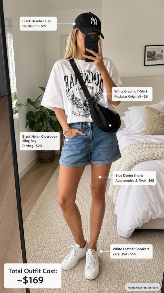 White Graphic T-Shirt with Blue Denim Shorts