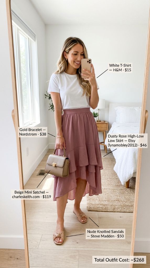 Dusty Rose Skirt and White Tee Charm