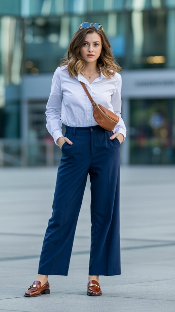 White button-down with navy trousers and tan leather belt bag