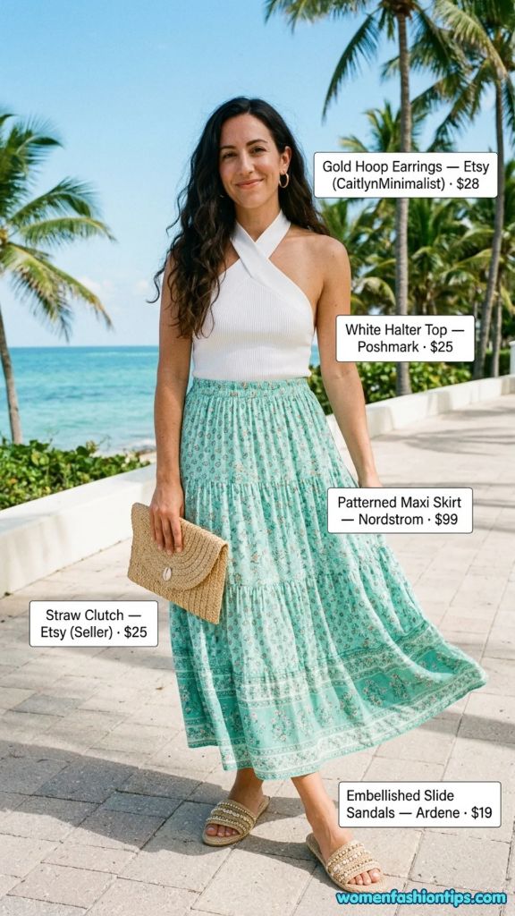White Halter Top with Patterned Maxi Skirt