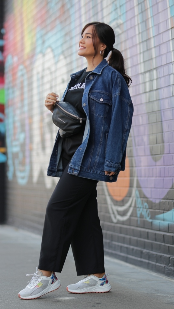 Oversized denim jacket with black culottes and sneakers