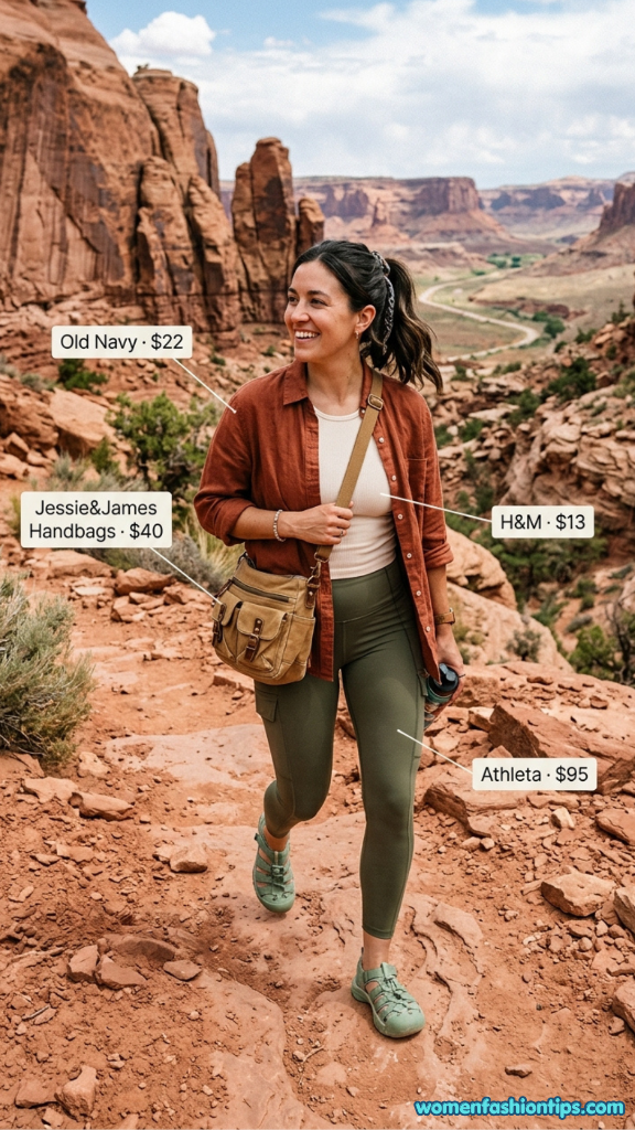 Rust-colored button-down with olive leggings, utility crossbody bag, and hiking shoes