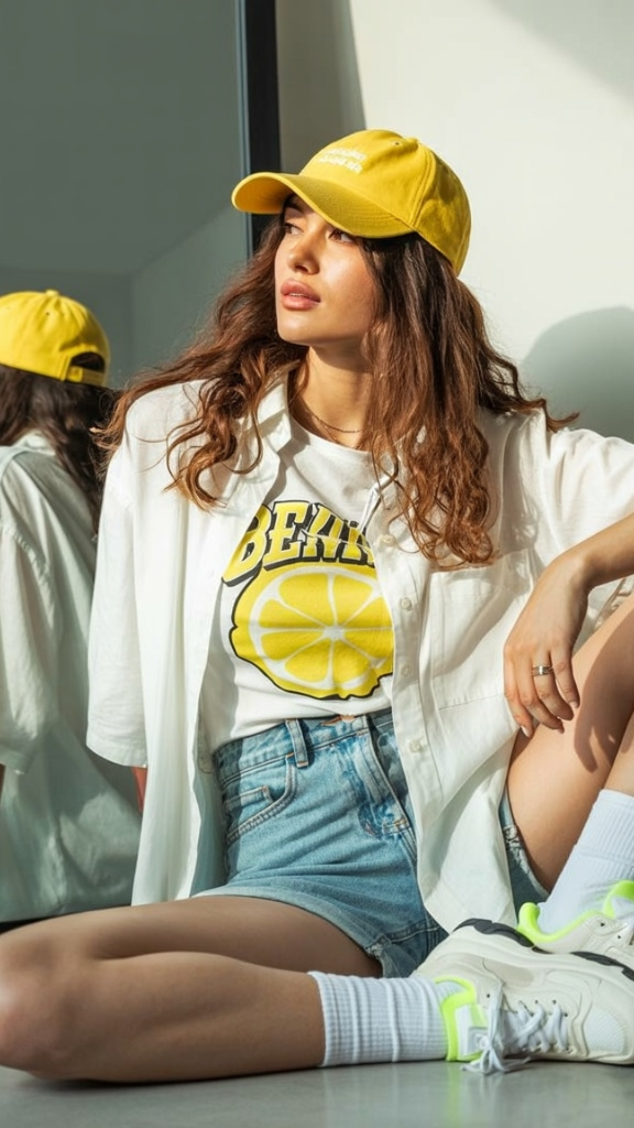 Yellow cap with graphic tee and denim shorts casual look