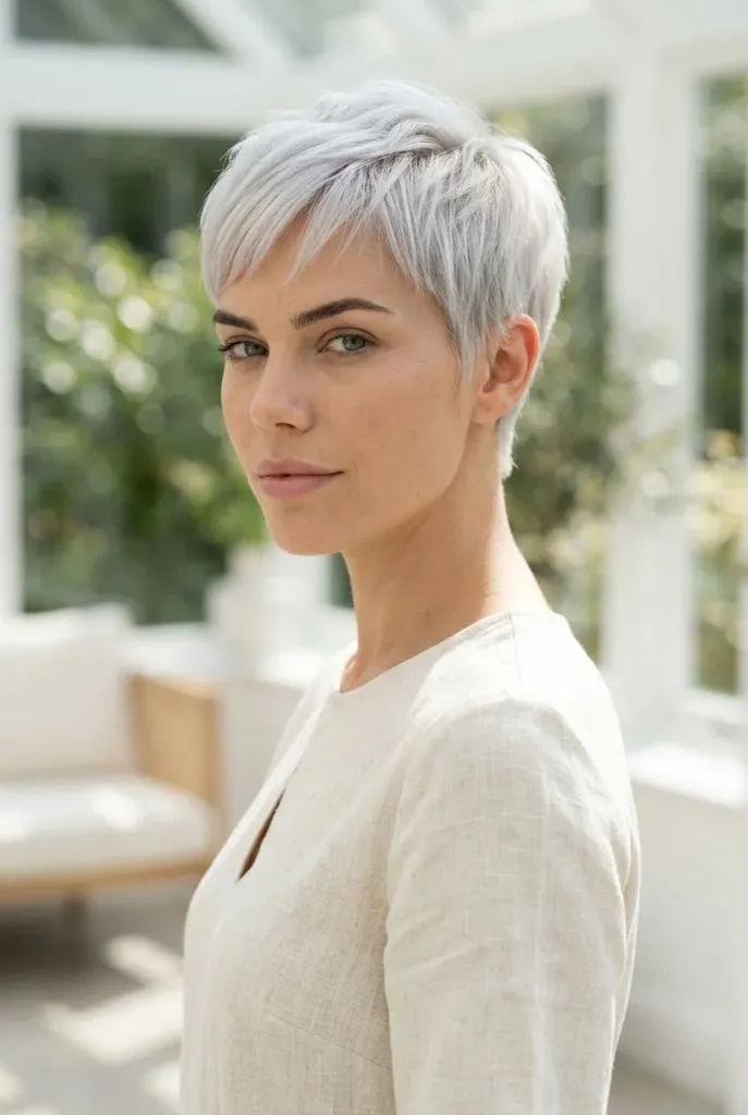 Ultra-short platinum silver pixie cut with micro-fringe and sleek styling in a bright conservatory