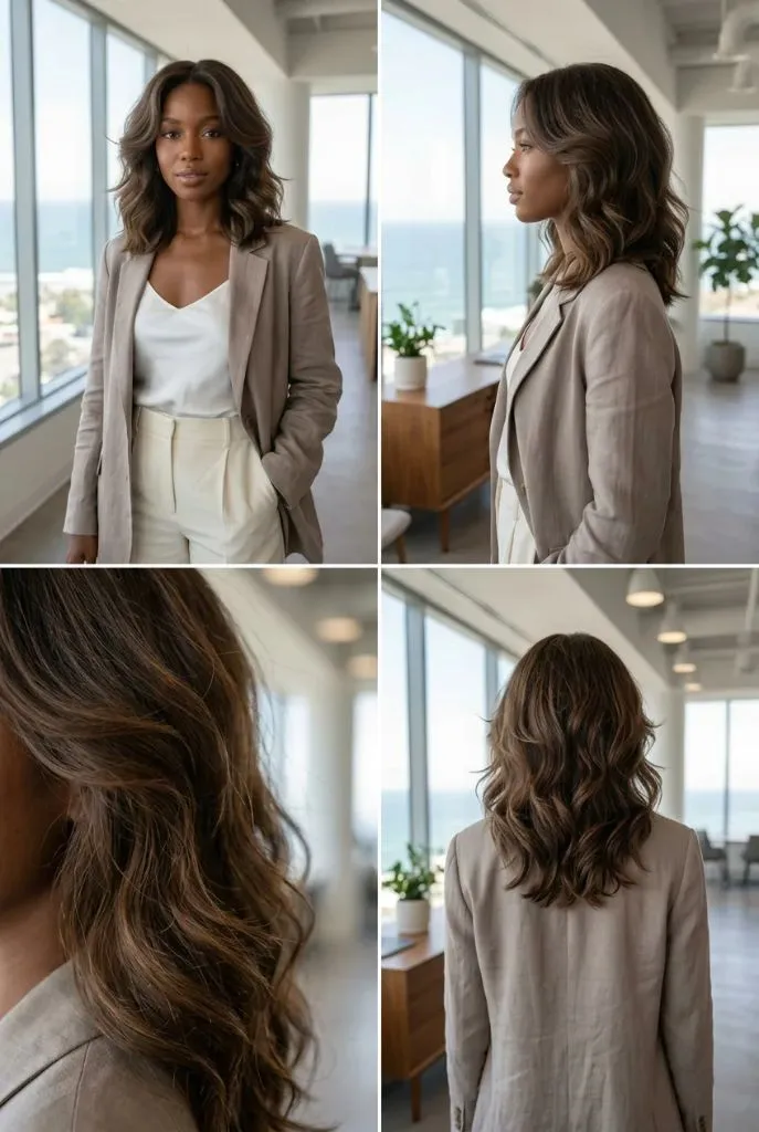 Four-panel view of medium-length professional textured waves on dark skin, brown with subtle highlights, taupe linen blazer with white camisole and cream trousers, bright modern office with ocean view — polished, work-appropriate, confident