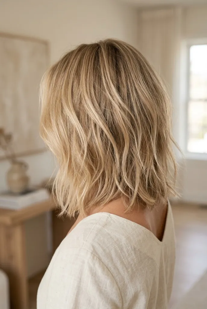 Textured Sand Blonde Waves 2026 Back view of a shoulder-length wavy sand blonde hairstyle