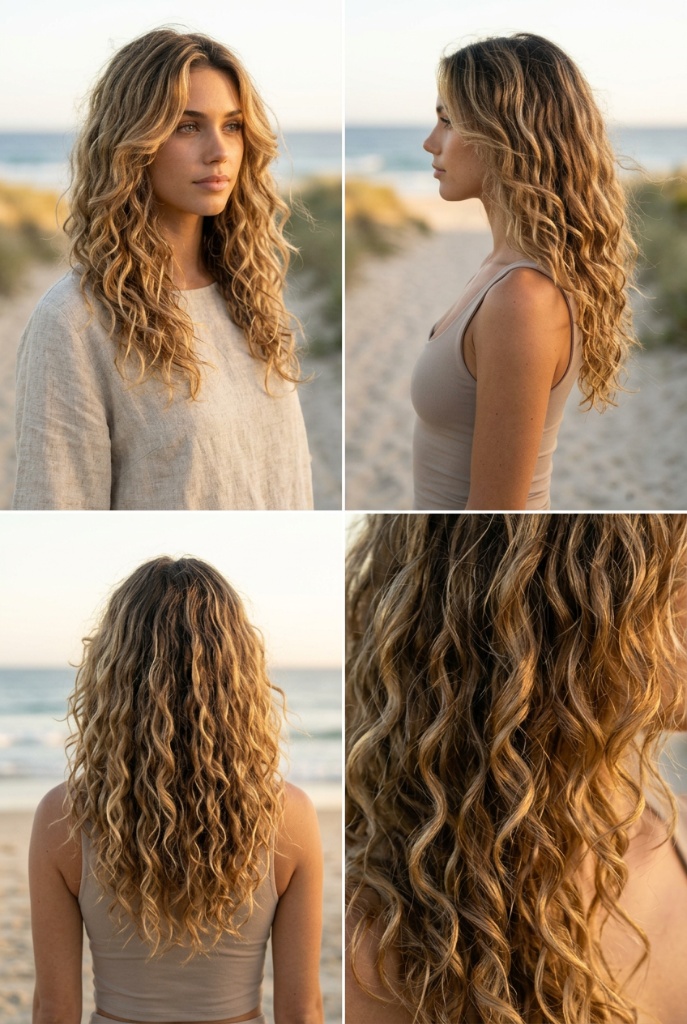 Four-angle view of long curly hair with golden highlights on a beach — bohemian, mermaid-like, natural texture celebration