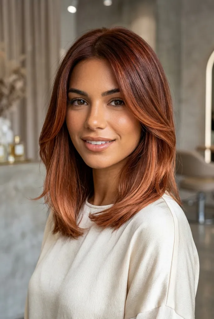 Medium-length rich auburn copper hair with soft face-framing layers