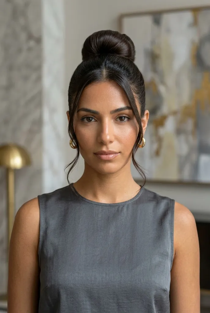 Sleek high ballerina bun with face-framing tendrils on dark hair with gold earrings in a luxe interior — refined, modern elegance