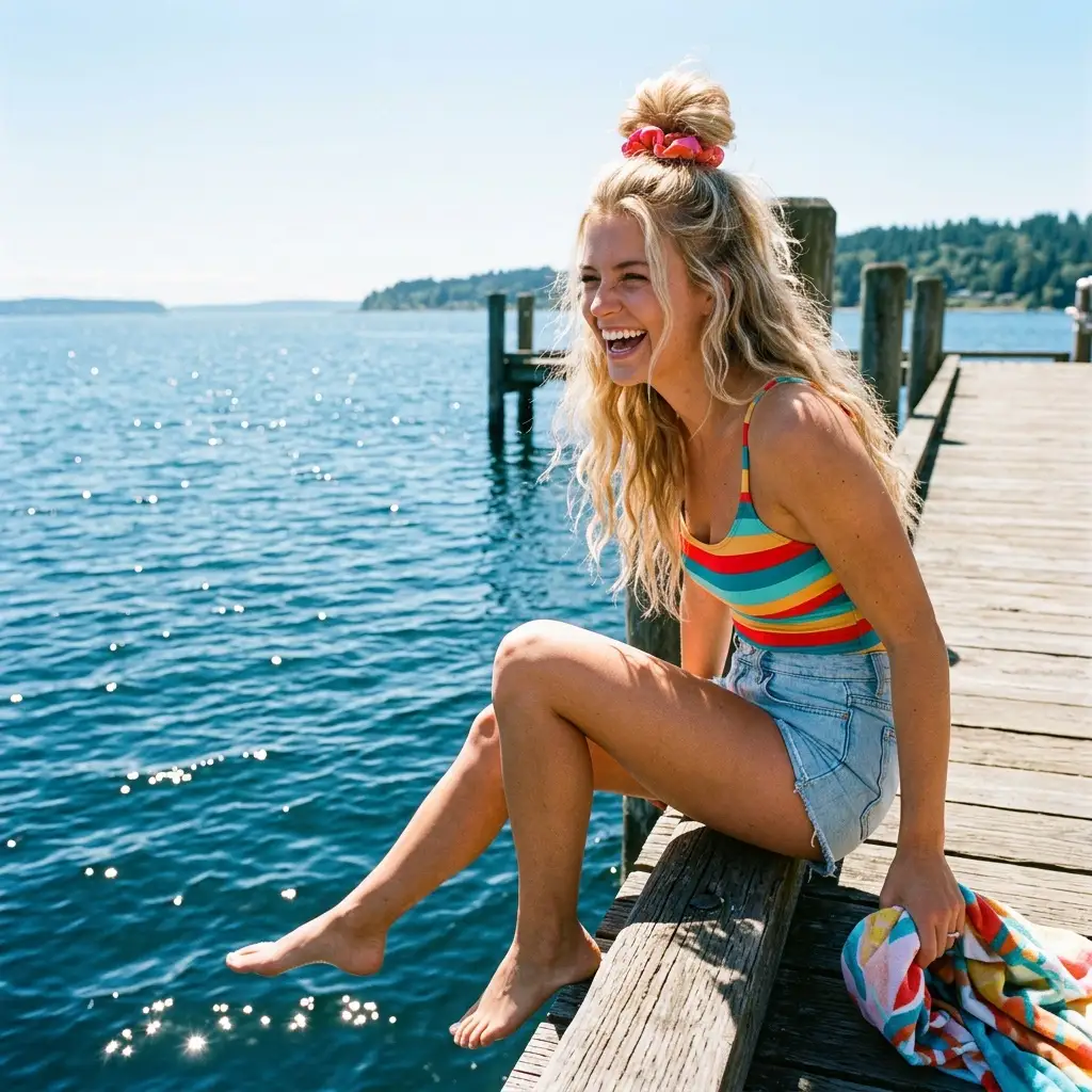 Beach walk scrunchie bun — blonde hair in a high messy bun with a colorful scrunchie, sitting on a dock by sparkling water