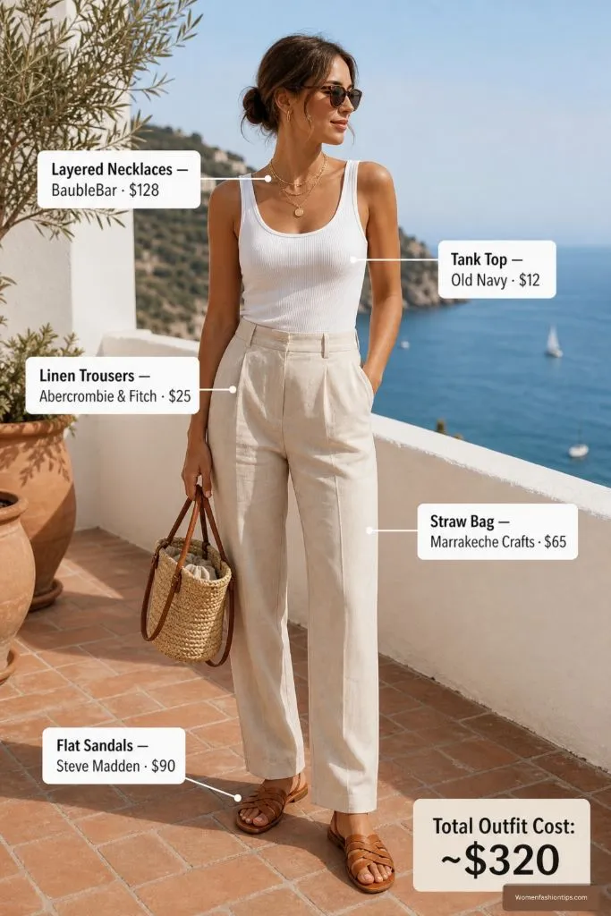 White tank with cream linen trousers and straw bag