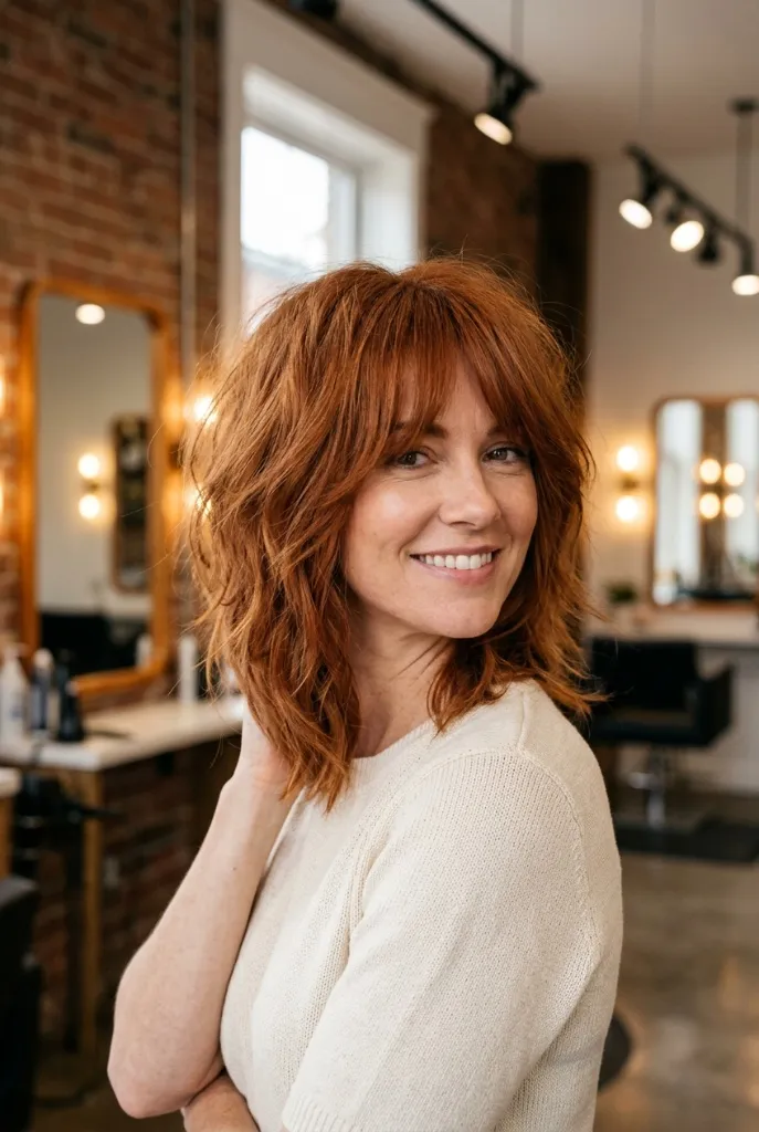 Copper red textured medium-length shag with bangs, woman in brick-walled salon