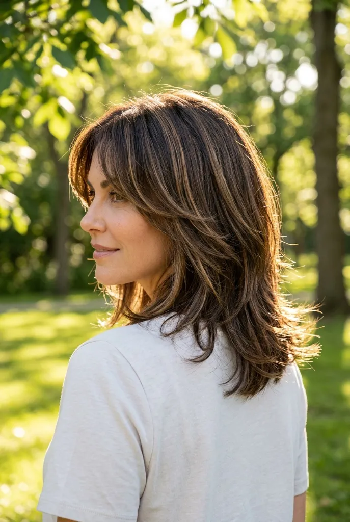 Medium-length brown hair with soft C-shaped layered ends, woman outdoors in sunlight