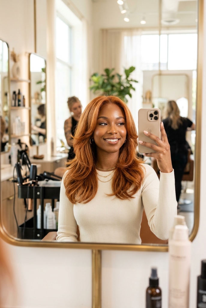 Warm copper-red hair with voluminous salon blowout and layered curtain framing