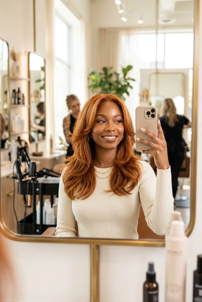 Warm copper-red hair with voluminous salon blowout and layered curtain framing
