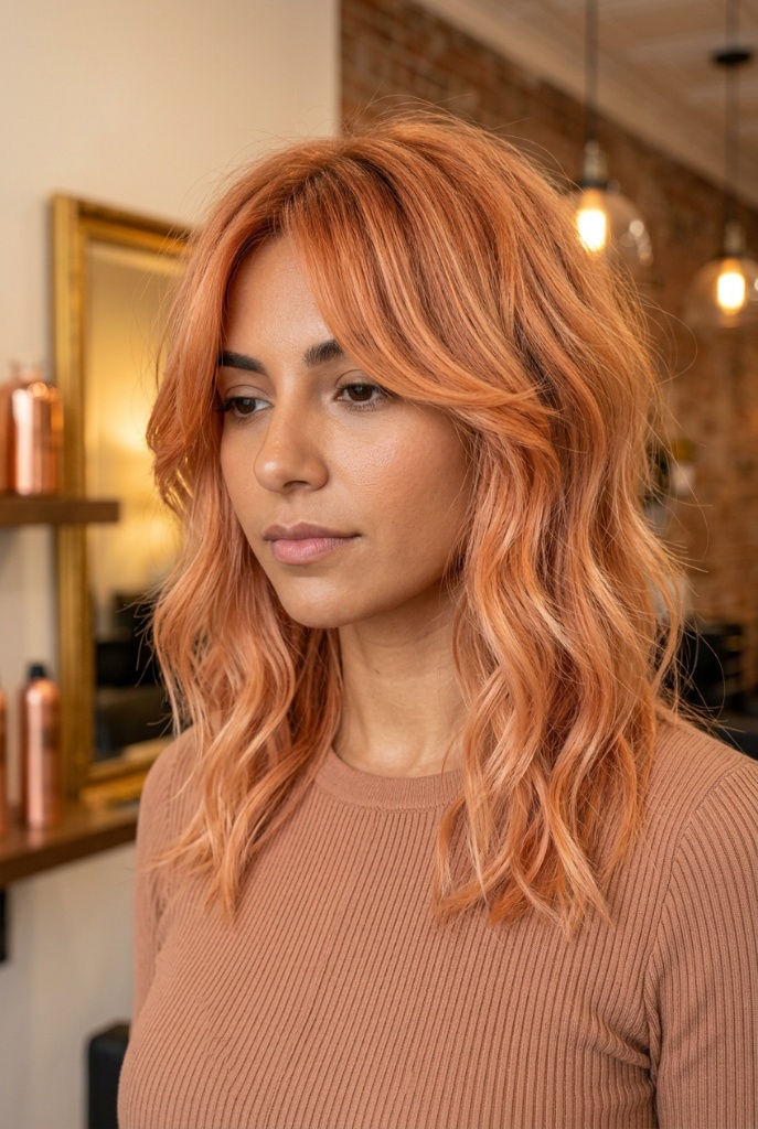 Medium-length peach copper hair with wavy shag cut and curtain fringe
