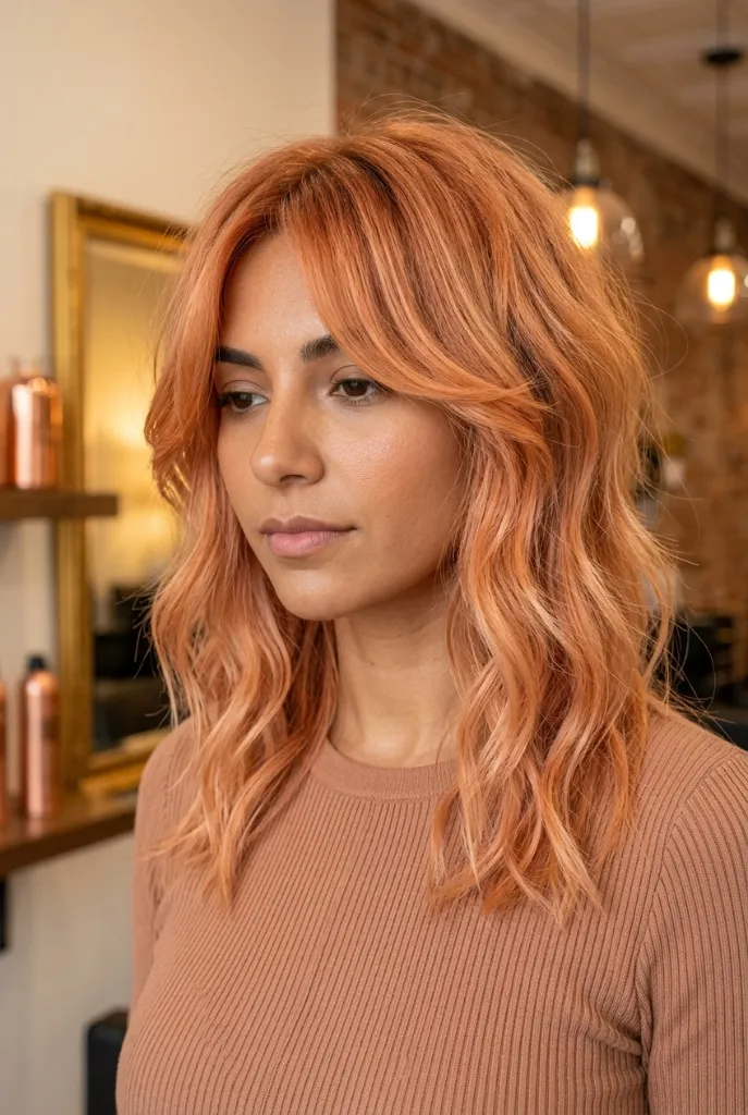 Medium-length peach copper hair with wavy shag cut and curtain fringe