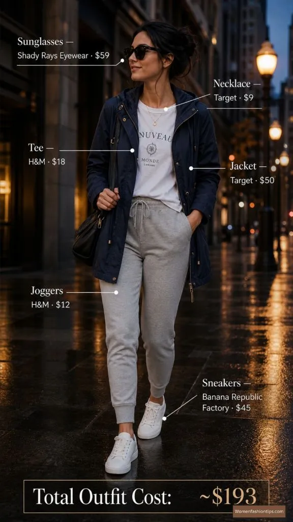 Navy Jacket, Gray Joggers, and City Vibes