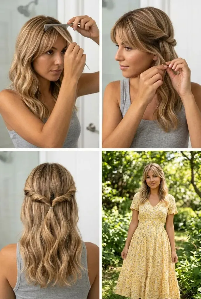 Four-panel tutorial showing half-up twisted hairstyle on medium-length blonde wavy hair with curtain bangs, gray tank top indoors transitioning to yellow floral dress outdoors in garden — romantic, soft, step-by-step