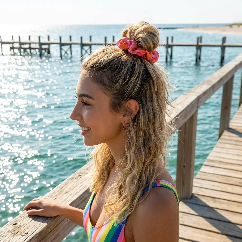 Y2K half-up scrunchie bun — blonde with a colorful scrunchie holding a half-up messy bun, standing on a wooden pier by turquoise water in a rainbow swimsuit
