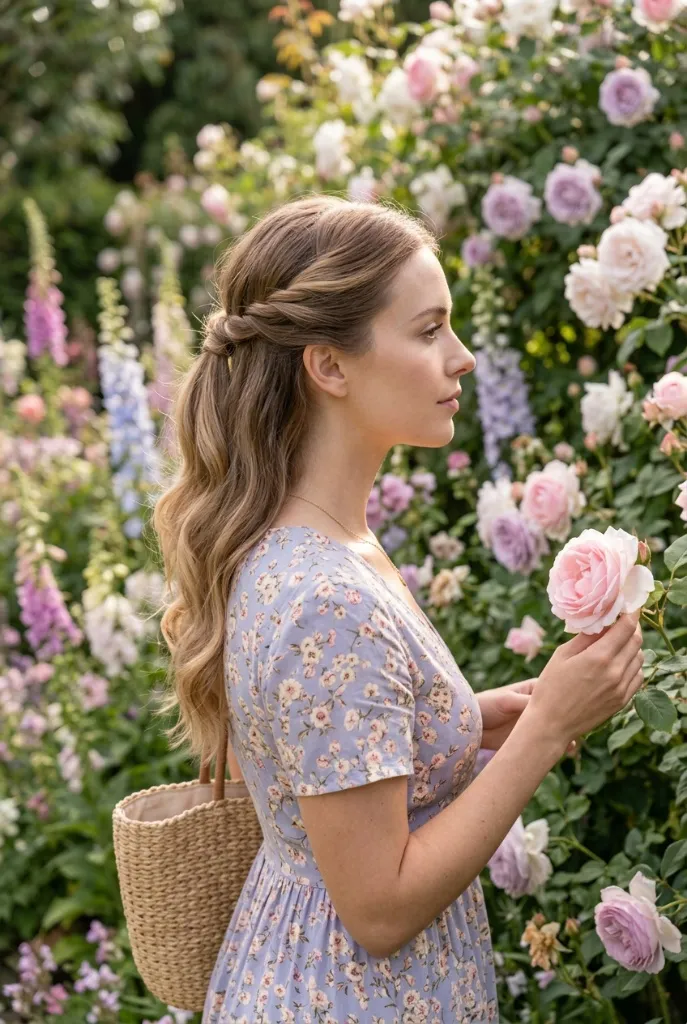 Romantic half-braid ponytail in profile, soft blonde-brown waves with twisted braid detail, blue floral dress, English rose garden