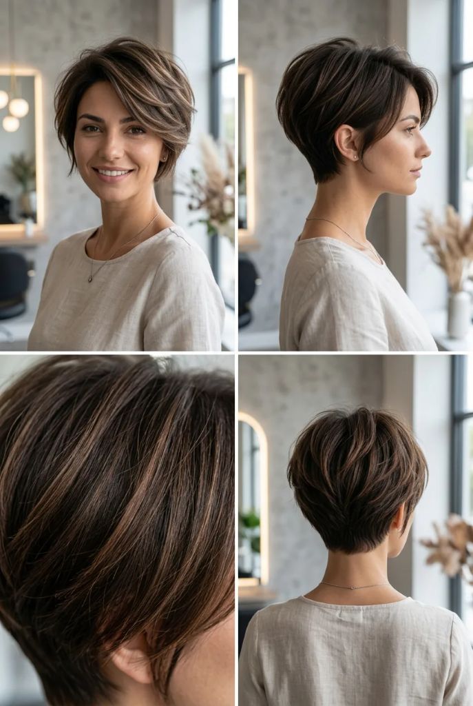 Tousled brunette pixie cut with soft internal layers shown from front, side, back, and detail angles in a modern salon setting