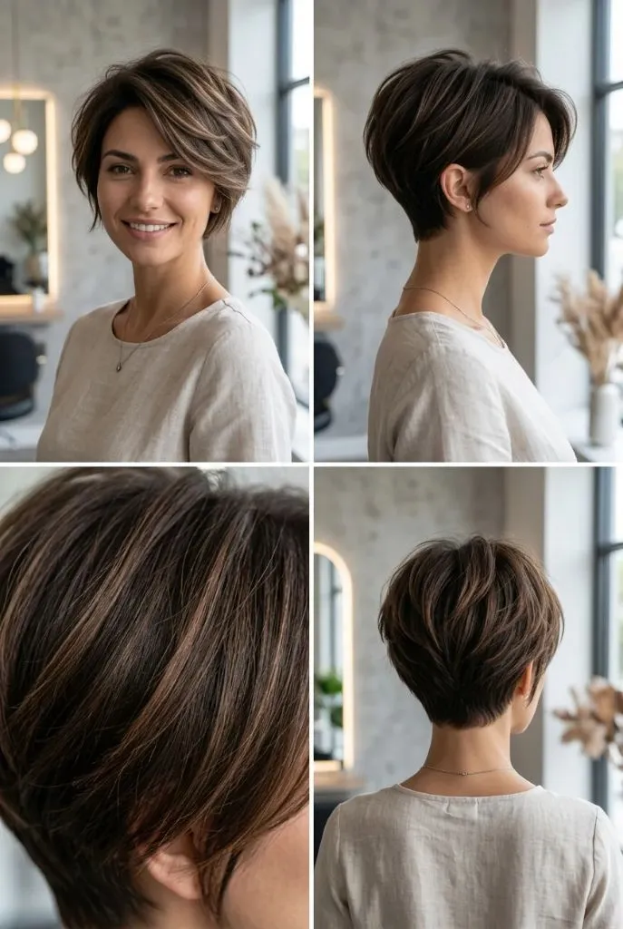 Tousled brunette pixie cut with soft internal layers shown from front, side, back, and detail angles in a modern salon setting